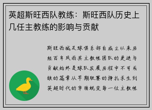 英超斯旺西队教练：斯旺西队历史上几任主教练的影响与贡献