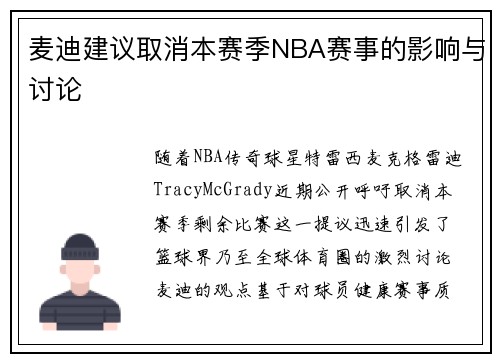 麦迪建议取消本赛季NBA赛事的影响与讨论