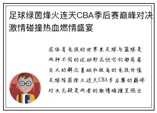 足球绿茵烽火连天CBA季后赛巅峰对决激情碰撞热血燃情盛宴