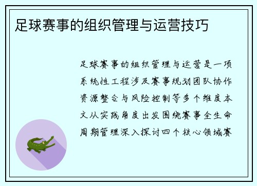 足球赛事的组织管理与运营技巧